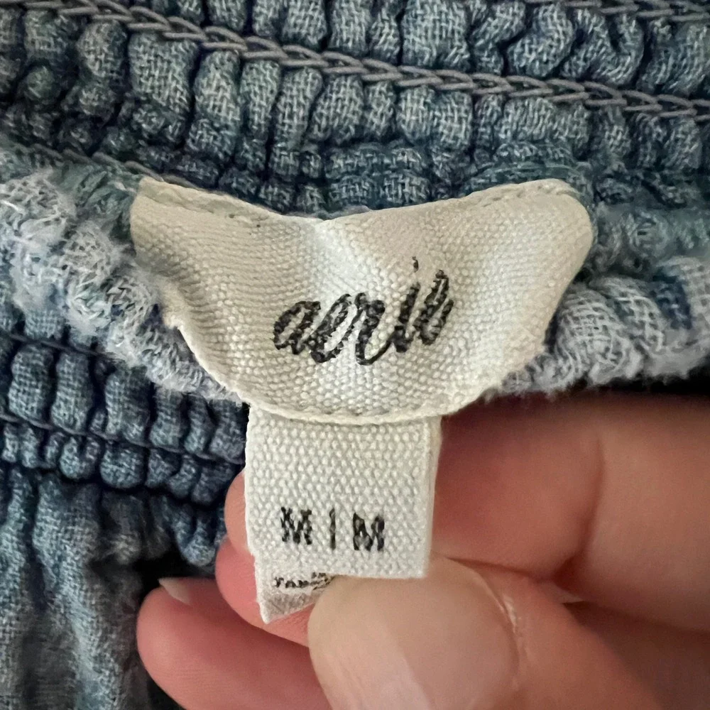 Aerie Pool-to-Party Blue Cotton Gauze Wide Leg Smocked Pull On Pants M Side Slit